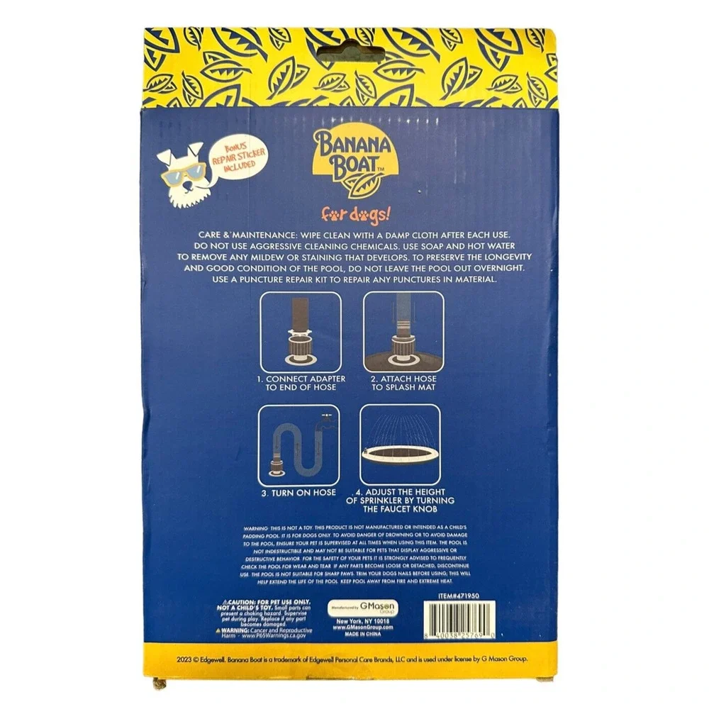 Banana Boat Sprinkler Splash Mat For Dogs S/M Breeds 39”- Pets, Refreshing & Fun